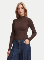 Guess Jeans Bluzka W6BP06 K5471 Brązowy Slim Fit. Brązowe bluzki damskie Guess Jeans, m, z aplikacjami, z bawełny, bez ramiączek. Za 199.99 zł.
