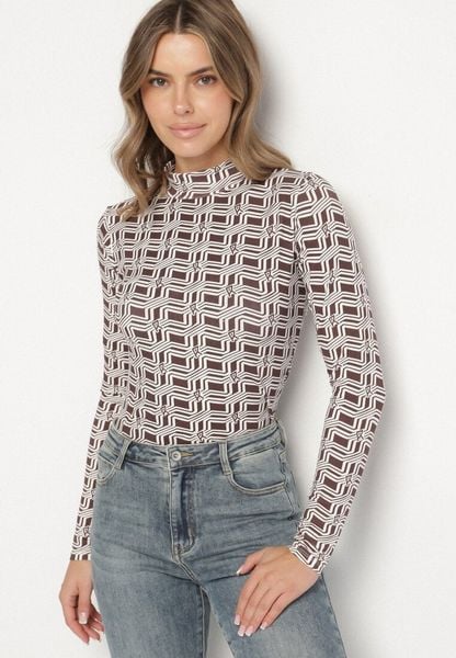 Biało-Brązowa Bawełniana Bluzka z Golfem i Długim Rękawem w Geometryczny Wzór Vilitila. Białe bluzki damskie Born2be, l, bez wzorów, z bawełny, eleganckie, bez kołnierzyka, bez ramiączek. Za 39.99 zł.