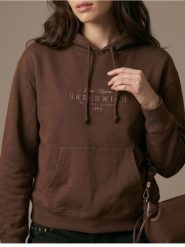 Dresowa bluza hoodie z kieszenią i haftowanym napisem - brązowy. Brązowe bluzy bez kaptura damskie Sinsay, l, bez wzorów, z dresówki, bez ramiączek, bez kaptura. Za 39.99 zł.