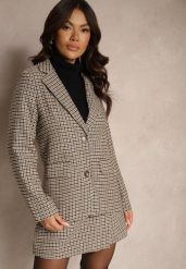 Beżowa Marynarka Jednorzędowa z Wiskozą Ozdobiona Kieszeniami i Kratą Ninnelle. Brązowe marynarki i żakiety damskie Renee, uniwersalny, bez wzorów, z wiskozy, eleganckie. Za 89.99 zł.