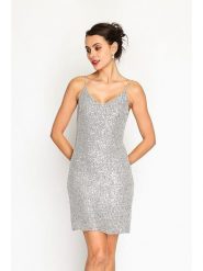 ASSUILI Sukienka w kolorze srebrnym rozmiar: 36. Szare sukienki damskie Assuili, bez wzorów, klasyczne, bez kołnierzyka, bez ramiączek, mini. Za 100.04 zł.