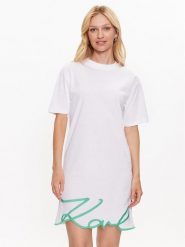 KARL LAGERFELD Sukienka codzienna Signature 231W1357 Biały Relaxed Fit. Białe sukienki damskie Karl Lagerfeld, na co dzień, xs, bez wzorów, z bawełny, bez kołnierzyka, bez ramiączek, proste. Za 699.99 zł.