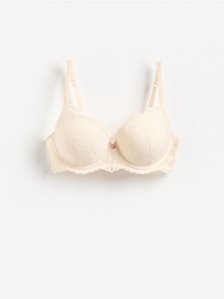 Biustonosz super push up z koronką - jasnożółty. Żółte biustonosze Reserved, bez wzorów, z koronki. Za 89.99 zł.
