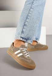 Ciemnobeżowe Sneakersy Klasyczne Tenisówki ze Skóry Naturalnej Alotia. Brązowe trampki i tenisówki damskie Renee, bez wzorów, z jeansu. Za 189.99 zł.