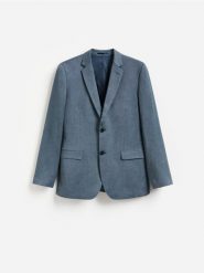 Marynarka slim fit z dodatkiem wiskozy - granatowy. Niebieskie marynarki męskie Reserved, bez wzorów, z tkaniny. Za 359.99 zł.