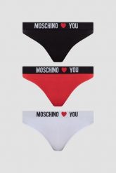 MOSCHINO Damskie stringi trzypak, Rozmiar S. Stringi damskie MOSCHINO, s, bez wzorów, z bawełny. W wyprzedaży za 289.99 zł.