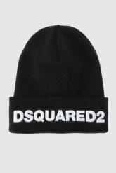 DSQUARED2 Czarna wełniana czapka z haftowanym białym logo. Czarne czapki męskie Dsquared2, bez wzorów, z wełny. W wyprzedaży za 899.99 zł.