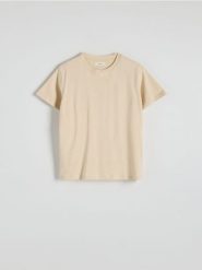 Bawełniany t-shirt regular - kremowy. Białe t-shirty damskie Reserved, l, bez wzorów, z bawełny, bez kołnierzyka. Za 29.99 zł.