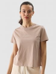 4F T-shirt regular z nadrukiem damski - beżowy S. Brązowe t-shirty damskie 4f, s, bez wzorów, z bawełny, bez kołnierzyka. W wyprzedaży za 29.99 zł.