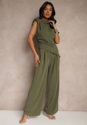 Ciemnozielony Komplet Bluzka z Poduszkami w Ramionach i Proste Spodnie z Gumką w Pasie Divanes. Zielone spodnie materiałowe damskie Renee, bez wzorów, eleganckie. Za 139.99 zł.
