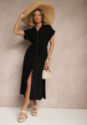Czarna Bawełniana Sukienka Koszulowa z Wiązanym Paskiem i Krótkim Rękawem Elannoria. Czarne sukienki damskie Renee, na co dzień, m, bez wzorów, z bawełny, eleganckie, bez kołnierzyka, bez ramiączek, maxi, koszulowe. W wyprzedaży za 111.99 zł.