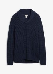 Gruby sweter ze stójką, o strukturze waflowej. Niebieskie swetry męskie bonprix, m, bez wzorów, bez kołnierzyka. Za 112.99 zł.