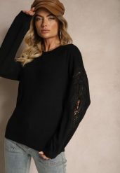 Czarny Luźny Sweter z Koronką na Ramionach i Ściągaczami przy Rękawach Zinmira. Czarne swetry klasyczne damskie Renee, z jeansu, bez kołnierzyka. Za 69.99 zł.