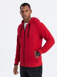 Bluza męska rozpinana z kapturem - czerwona V6 - Rozmiar: S. Czerwone bluzy z kapturem męskie Ombre Clothing, m, z bawełny. W wyprzedaży za 59.99 zł.