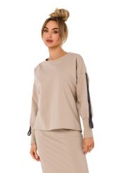 Dresowa Bluza z Lampasami - Beżowa. Brązowe bluzy bez kaptura damskie MOE, l, z bawełny. Za 217.39 zł.