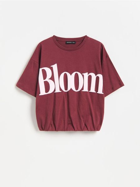 T- shirt z nadrukiem - bordowy. Czerwone koszulki dziewczęce Reserved, bez wzorów, z bawełny, bez ramiączek. Za 39.99 zł.