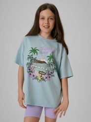 4F T-shirt loose z nadrukiem dziewczęcy - niebieski 122/128 (6-8 lat). Niebieskie koszulki dziewczęce 4f, s, bez wzorów, z bawełny, bez ramiączek. Za 59.99 zł.