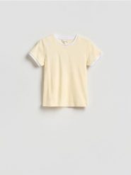T-shirt z kontrastową lamówką - jasnożółty. Żółte t-shirty damskie Reserved, l, bez wzorów, z bawełny, bez kołnierzyka. Za 89.99 zł.