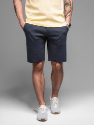Casualowe męskie szorty SLIM FIT z dzianiny żakardowej – granatowe V1 OM-SRCS-0168 - XXL. Niebieskie szorty męskie Ombre Clothing, z bawełny, bez kołnierzyka. W wyprzedaży za 129.99 zł.