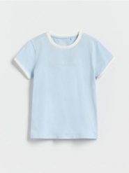 Bawełniany T-shirt z haftem - jasnoniebieski. Niebieskie koszulki dziewczęce Reserved, bez wzorów, z bawełny, bez ramiączek. W wyprzedaży za 15.99 zł.