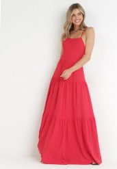 Czerwona Maxi Sukienka na Cienkich Ramiączkach z Wiązaniem na Tyle Ozdobiona Falbankami Beatrics. Czerwone sukienki damskie Born2be, m, bez wzorów, bez kołnierzyka, bez ramiączek, maxi. W wyprzedaży za 111.99 zł.