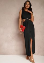 Czarna Sukienka z Wiskozą Metalową Ozdobą i Wycięciami po Bokach Odivane. Czarne sukienki damskie Renee, na imprezę, l, z aplikacjami, z wiskozy, bez kołnierzyka, bez ramiączek, maxi. Za 159.99 zł.