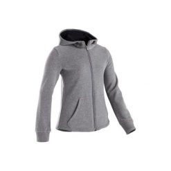 Bluza do gimnastyki 100 dla dziewczynek szara z czarnym kapturem. Szare bluzy z kapturem damskie DOMYOS, z bawełny. Za 39.99 zł.