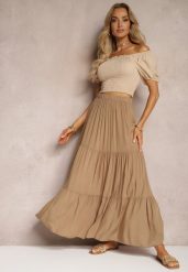 Ciemnobeżowa Wiskozowa Spódnica High Waist z Gumką w Talii i Falbanką Christiara. Brązowe spódniczki damskie Renee, na lato, bez wzorów, z materiału, z podwyższonym stanem, maxi. Za 39.99 zł.