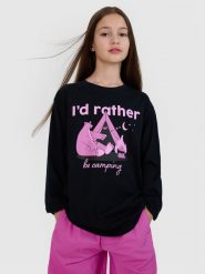 4F Longsleeve oversize z nadrukiem dziewczęcy - czarny 134 (8-9 lat). Czarne koszulki dziewczęce 4f, bez wzorów, z bawełny, bez ramiączek. W wyprzedaży za 19.99 zł.