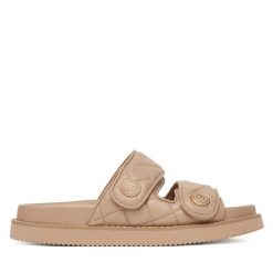 Klapki Badura. Brązowe klapki damskie Badura, bez wzorów, bez obcasa. Za 159.99 zł.