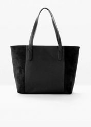 Duża torba shopper z różnych materiałów. Czarne shopper bag damskie bonprix, bez wzorów, z materiału, duże, bez dodatków. Za 97.99 zł.