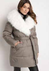Szara Pikowana Kurtka z Paskiem w Talii i Odpinanym Futrzanym Kołnierzem Edalithia. Szare kurtki damskie Born2be, l, bez wzorów, z futra, bez kaptura. Za 339.99 zł.