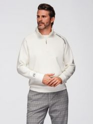 Męska bluza z rozpinaną wysoką stójką i kontrastowym nadrukiem – ecru V2 - Rozmiar: S. Bluzy bez kaptura męskie Ombre Clothing, m, z dzianiny. Za 189.99 zł.