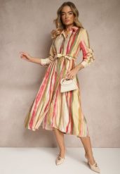 Beżowa Sukienka Koszulowa Wiązana w Talii w Paseczki Merilsa. Brązowe sukienki damskie Renee, na co dzień, l, bez wzorów, eleganckie, bez kołnierzyka, bez ramiączek, maxi, koszulowe. W wyprzedaży za 104.99 zł.