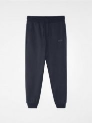Spodnie jogger z bawełną i haftowanym napisem - granatowy. Niebieskie spodnie materiałowe męskie Sinsay, bez wzorów, z bawełny, sportowe. Za 49.99 zł.