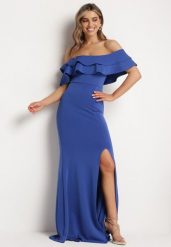 Granatowa Elegancka Sukienka Typu Hiszpanka z Rozkloszowanym Dołem i Wycięciami Tumini. Niebieskie sukienki damskie Born2be, na lato, l, bez wzorów, z dzianiny, eleganckie, bez kołnierzyka, bez ramiączek, maxi, rozkloszowane. W wyprzedaży za 159.99 zł.