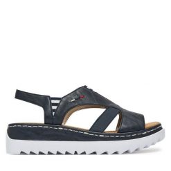 Sandały Rieker. Niebieskie sandały damskie Rieker, bez wzorów, bez obcasa, na koturnie. Za 319.99 zł.