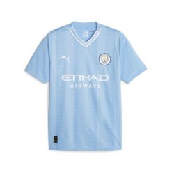 Koszulka domowa Manchester City 2023/24. Białe t-shirty sportowe męskie Puma, xs, z elastanu, bez ramiączek, do piłki nożnej. Za 286.40 zł.