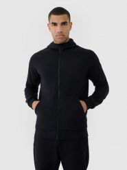 4F Bluza dresowa rozpinana z kapturem męska - czarna S. Czarne bluzy sportowe męskie 4f, bez wzorów, z bawełny, sportowe, bez kołnierzyka, bez ramiączek. W wyprzedaży za 99.99 zł.