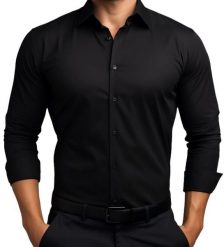 Czarna elastyczna koszula męska z długim rękawem VILLARO L06. Czarne koszule męskie Mmer / Villaro - Koszule męskie, l, bez wzorów, z bawełny, bez kołnierzyka, bez ramiączek. W wyprzedaży za 148.50 zł.