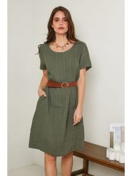 Rodier Lin Lniana sukienka w kolorze oliwkowym rozmiar: L/XL. Brązowe sukienki damskie Rodier Lin, na co dzień, l, bez wzorów, ze lnu, bez kołnierzyka, bez ramiączek, midi, proste. Za 144.92 zł.