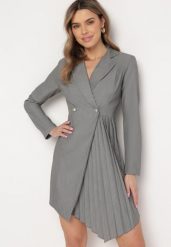 Szara Rozkloszowana Sukienka Mini z Kopertową Górą i Plisami na Dole Lontasa. Szare sukienki damskie Born2be, m, bez wzorów, eleganckie, bez kołnierzyka, bez ramiączek, mini, kopertowe. W wyprzedaży za 127.99 zł.