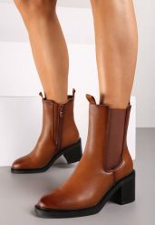 Brązowe Ocieplane Botki na Słupku w Stylu Sztybletów Tarinne. Brązowe botki damskie Renee, z jeansu, eleganckie, bez obcasa, na obcasie, bez zapięcia. Za 129.99 zł.