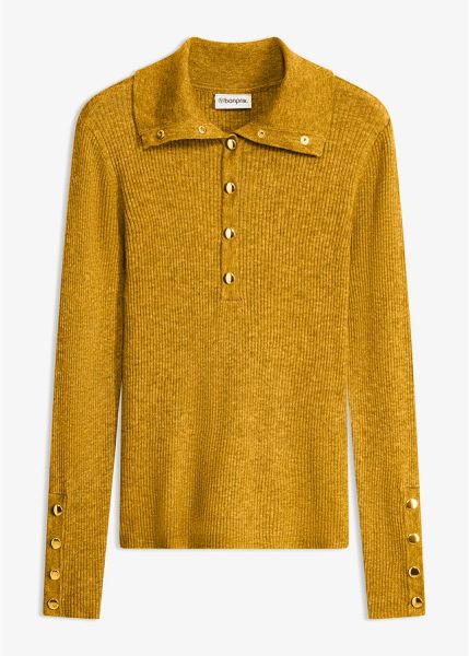 Sweter polo z wiskozą. Żółte swetry klasyczne damskie bonprix, z wiskozy, bez kołnierzyka. Za 129.99 zł.
