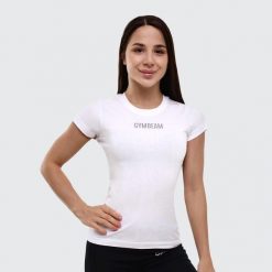 Koszulka damska fitness slim fit biała FIT. Białe bluzki sportowe damskie GYMBEAM, l, bez wzorów, z bawełny, bez kołnierzyka. Za 66.90 zł.