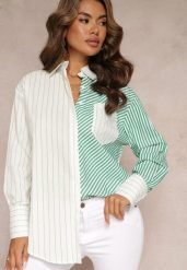Zielono-Biała Koszula Oversize w Paski Issele. Białe koszule damskie Renee, m, bez wzorów, z materiału, eleganckie, bez kołnierzyka, bez ramiączek. Za 74.99 zł.