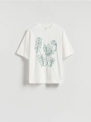 T-shirt z haftem - zielony. Zielone t-shirty damskie Reserved, l, bez wzorów, z bawełny, bez kołnierzyka. Za 69.99 zł.
