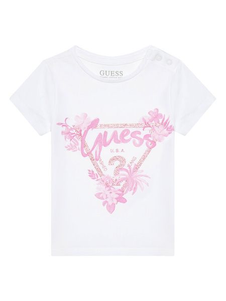 Guess T-Shirt A5GI03 K6YW4 Biały Regular Fit. Białe koszulki dziewczęce Guess, m, z aplikacjami, z bawełny, bez ramiączek. Za 39.99 zł.