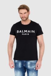 BALMAIN Czarny t-shirt męski ze srebrnym logo. Czarne t-shirty męskie Balmain, l, bez wzorów, bez kołnierzyka. W wyprzedaży za 1,299.99 zł.