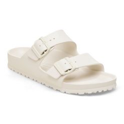 Klapki damskie Birkenstock Arizona Essentials EVA Eggshell. Białe klapki damskie Birkenstock, bez wzorów, bez obcasa. Za 189.99 zł.